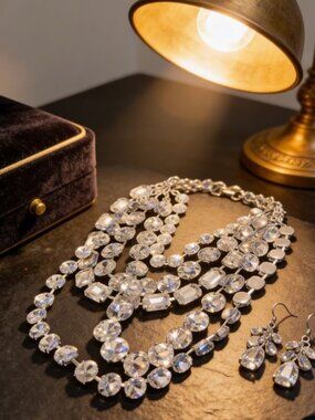 Great Gatsby Style  Statement Necklace and Earrings Set - Silver Tone Sparkle.
